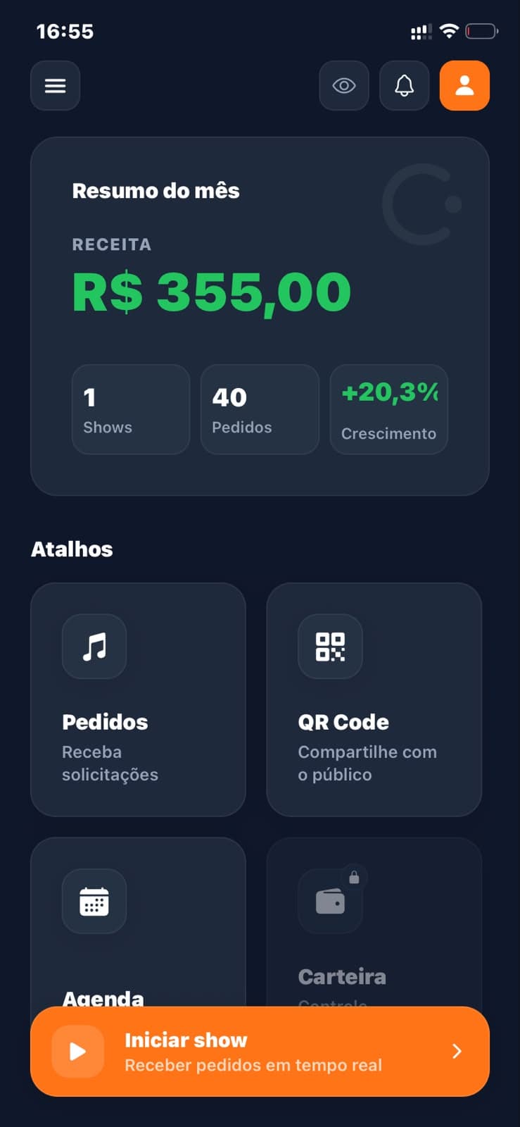 Acompanhe seus ganhos e o desempenho de cada apresentação.
